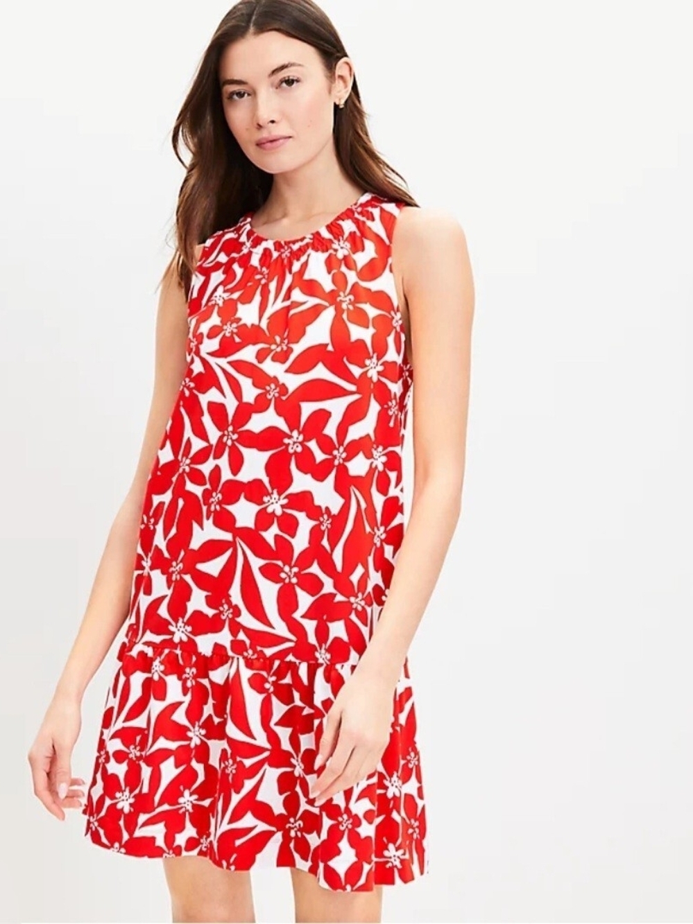LOFT Red and White Floral Sleeveless Shift Dress